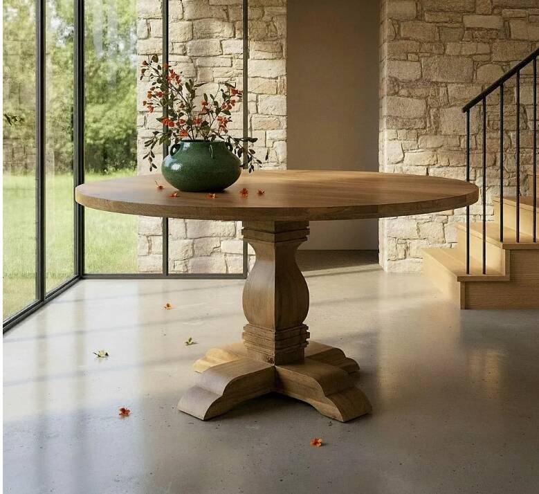 Round table made of solid mango wood – Sculpted central base –