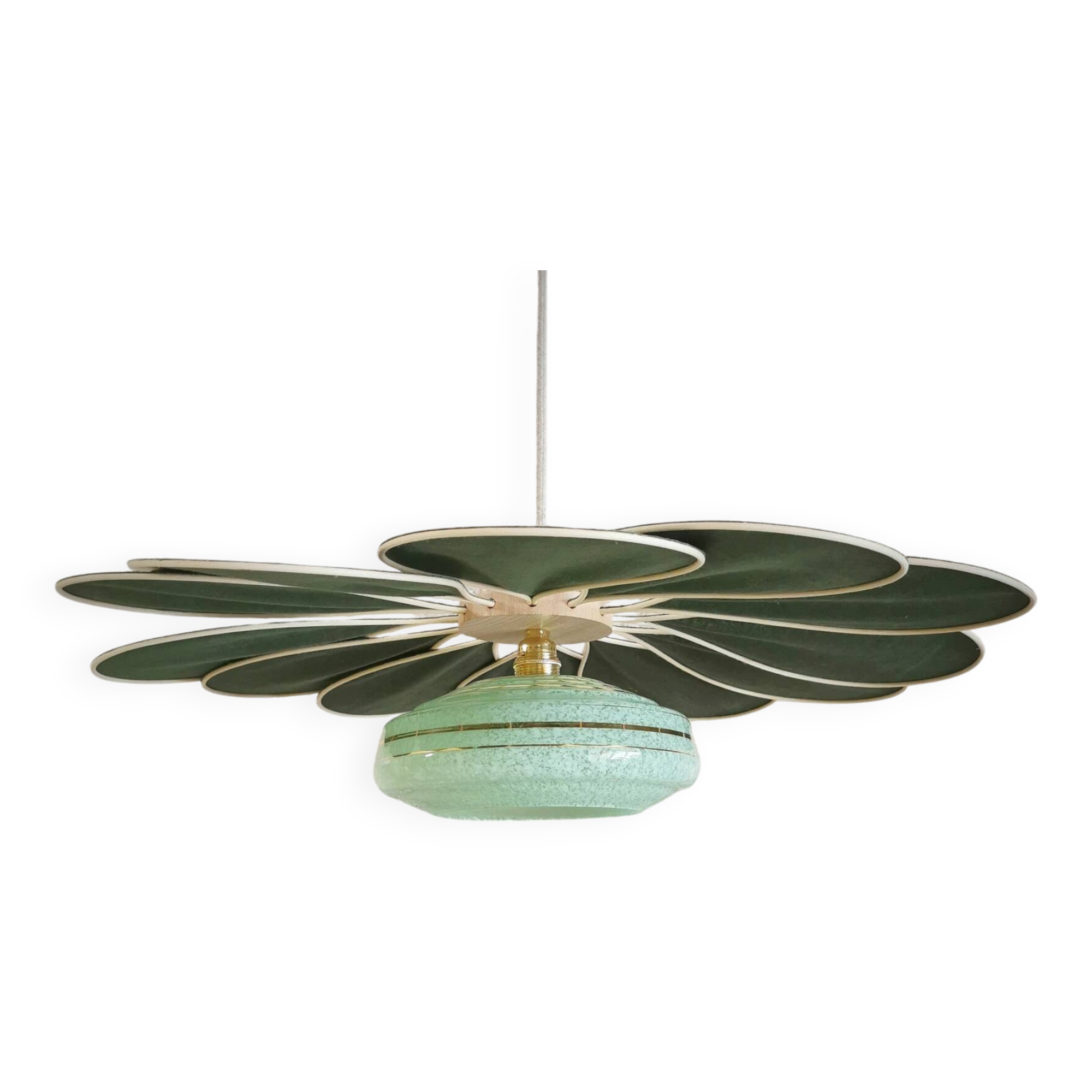 Rattan and Green Linen Flower Pendant Light and Vintage Clichy Glass Globe