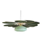 Rattan and Green Linen Flower Pendant Light and Vintage Clichy Glass Globe