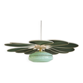 Suspension Fleur en Rotin et Lin Vert et Globe vintage en verre de Clichy