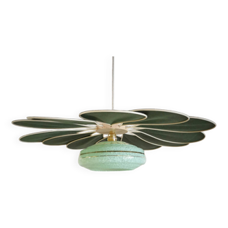 Suspension Fleur en Rotin et Lin Vert et Globe vintage en verre de Clichy