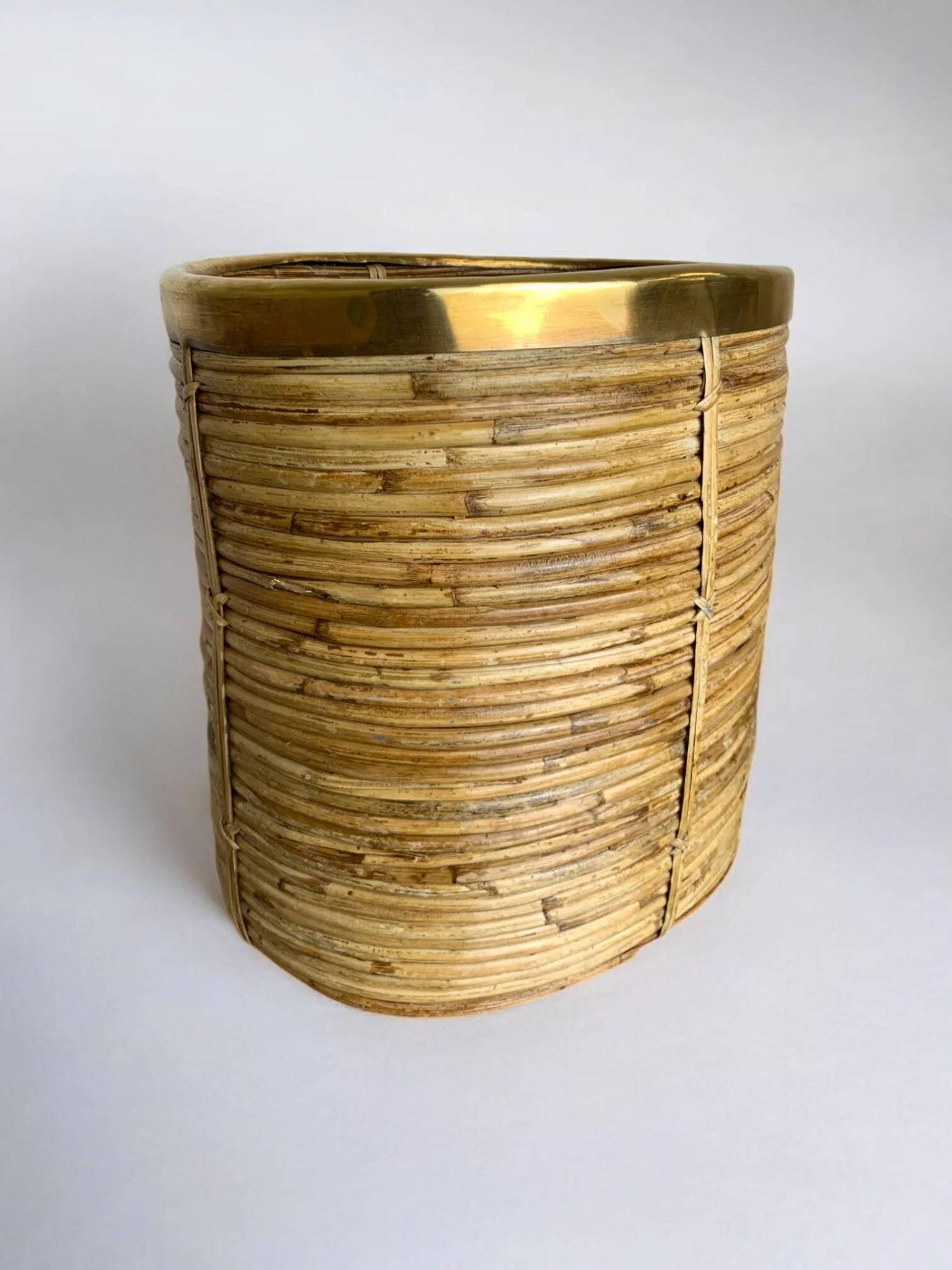 Large rattan and brass basket, Italy, circa 1970s