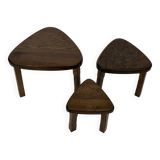 Lot de 3 tables d'appoint ou gigognes ovales brutalistes en chêne au design minimaliste des années 1970