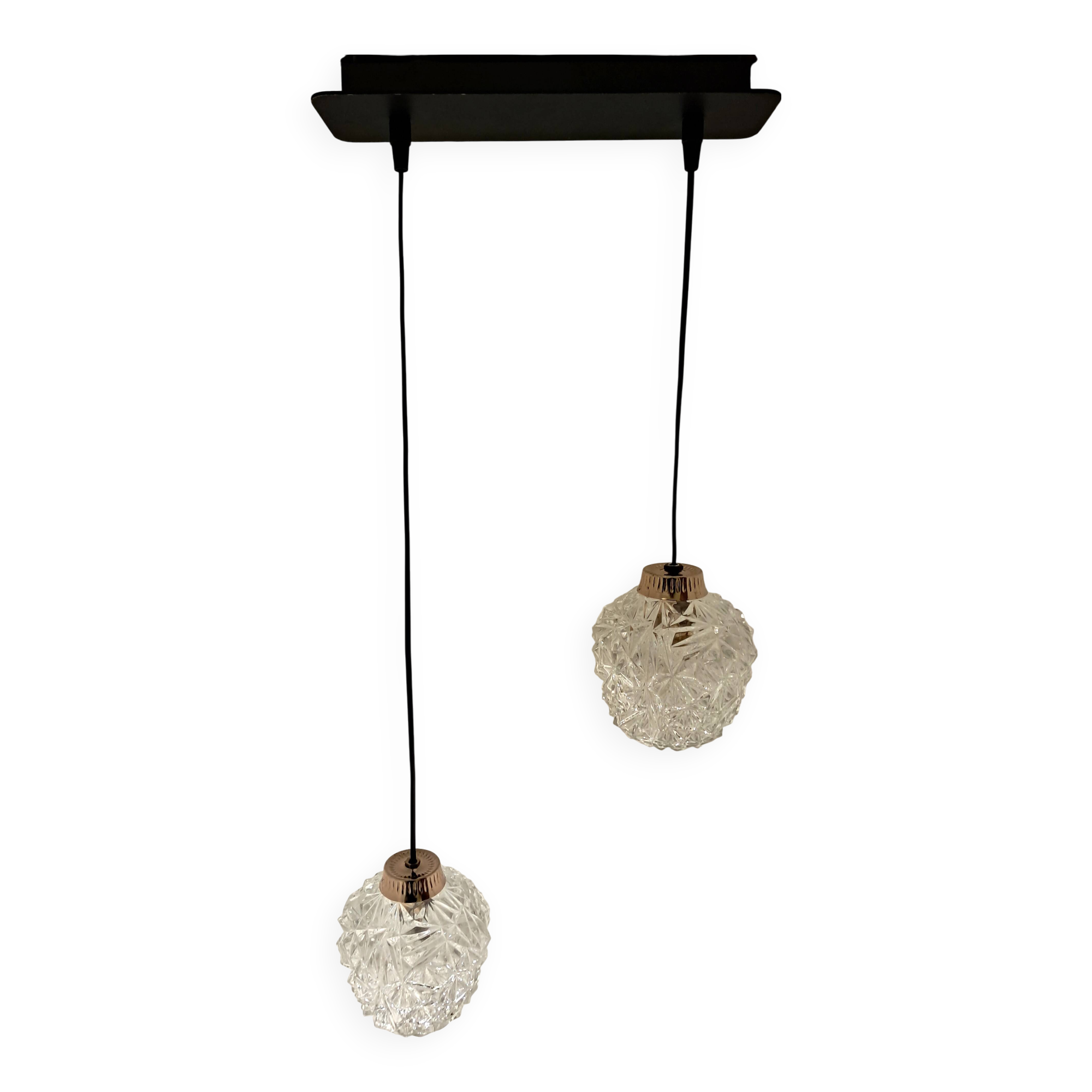 Two-light cascade pendant in gold-plated brass and molded glass