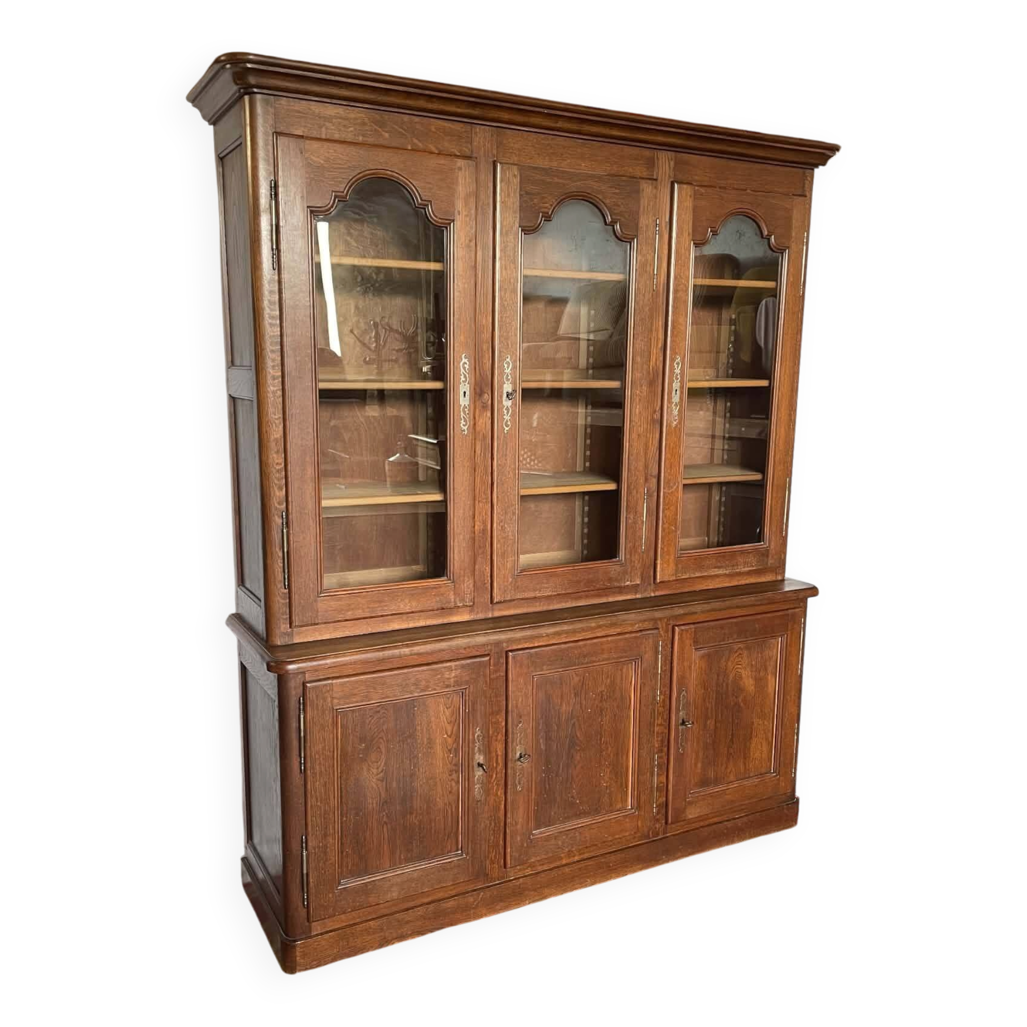 Large antique two-body library in solid oak – 3 glass doors