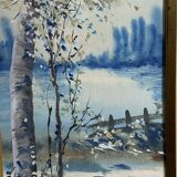 Large watercolor from the early 20th century, signed landscape of a wooded river bank