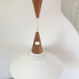 Scandinavian pendant lamp in teak and white metal 70s