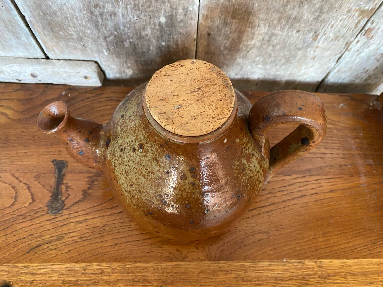 Antique brown beige pyrite stoneware teapot + vintage cork stopper