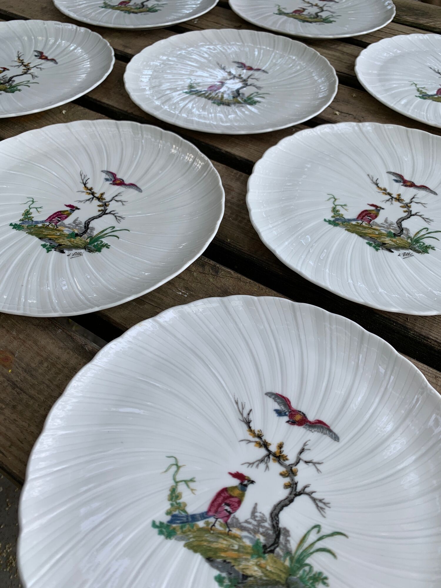 8 Bernardaud and Co. dessert plates signed Elbé, Limoges porcelain, decorated with birds