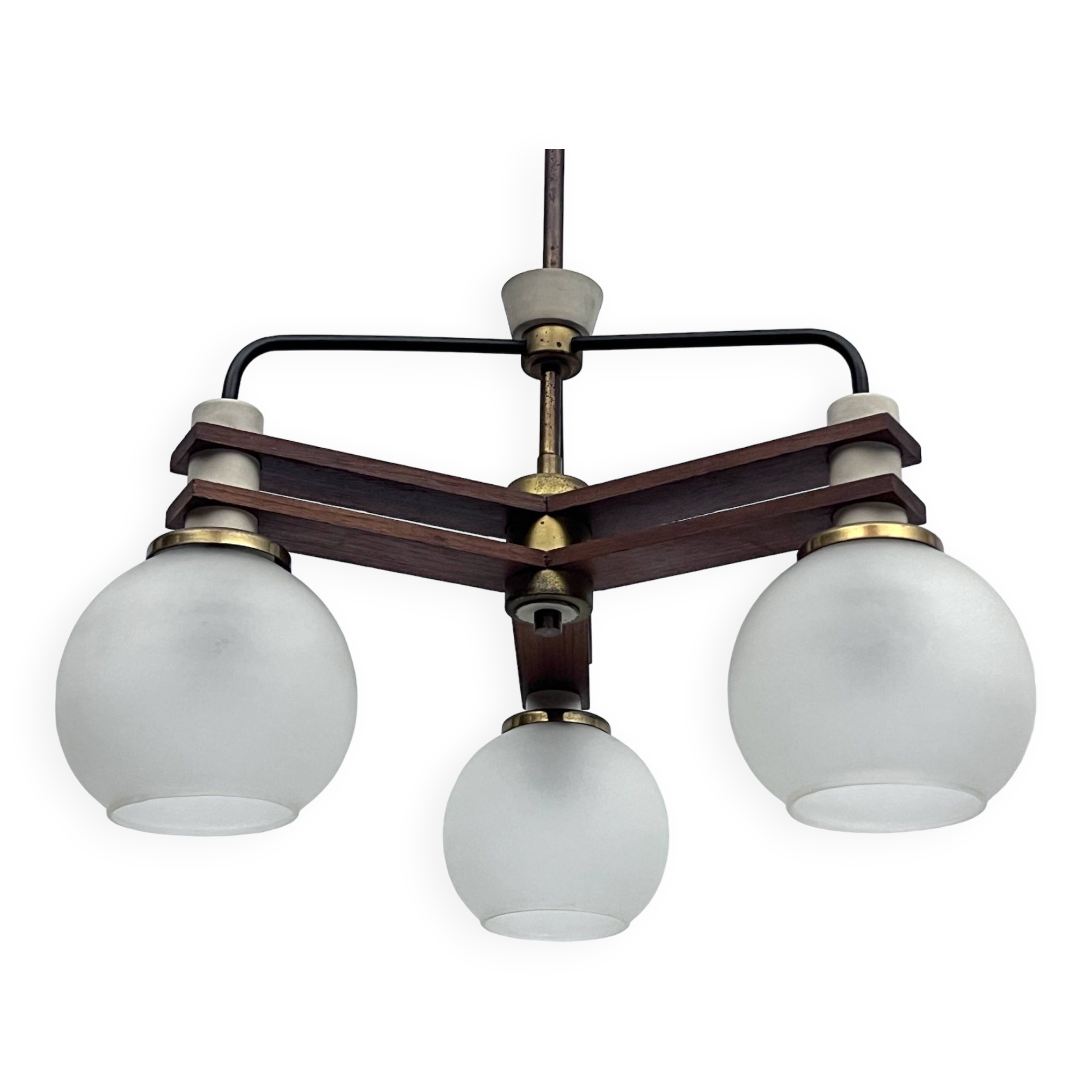 Vintage three satin glasses chandelier. Italy 1950s