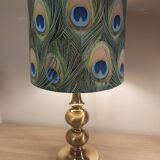 Lampe en laiton avec abat-jour motif plumes de paon