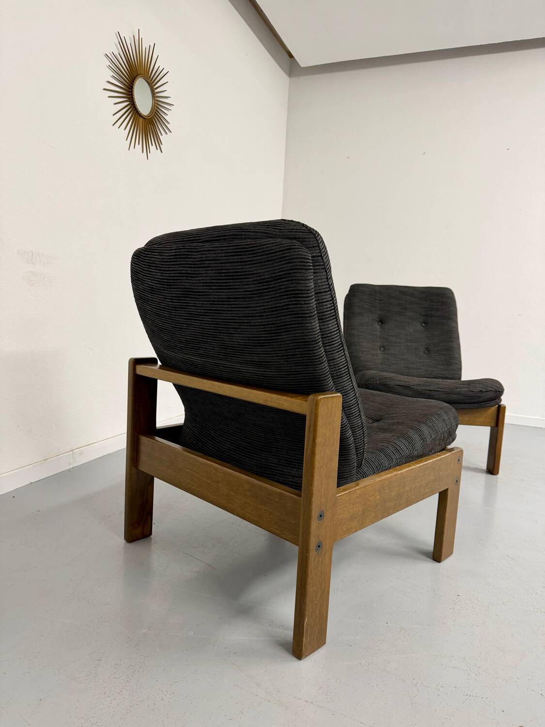 Lot of 2 adjustable wooden fabric chairs, Scandinavian design, vintage 1970s.