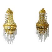 Pair of vintage 3-tiered hot air balloon wall sconces with glass tassels. 1960s