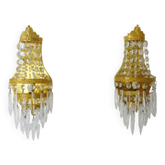 Pair of vintage 3-tiered hot air balloon wall sconces with glass tassels. 1960s