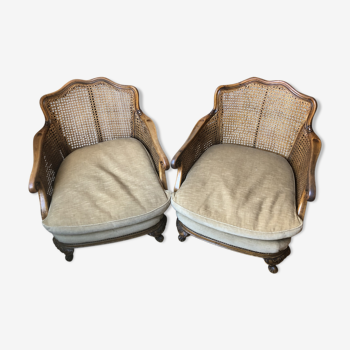 Pair of Louis XV cane and velvet armchairs