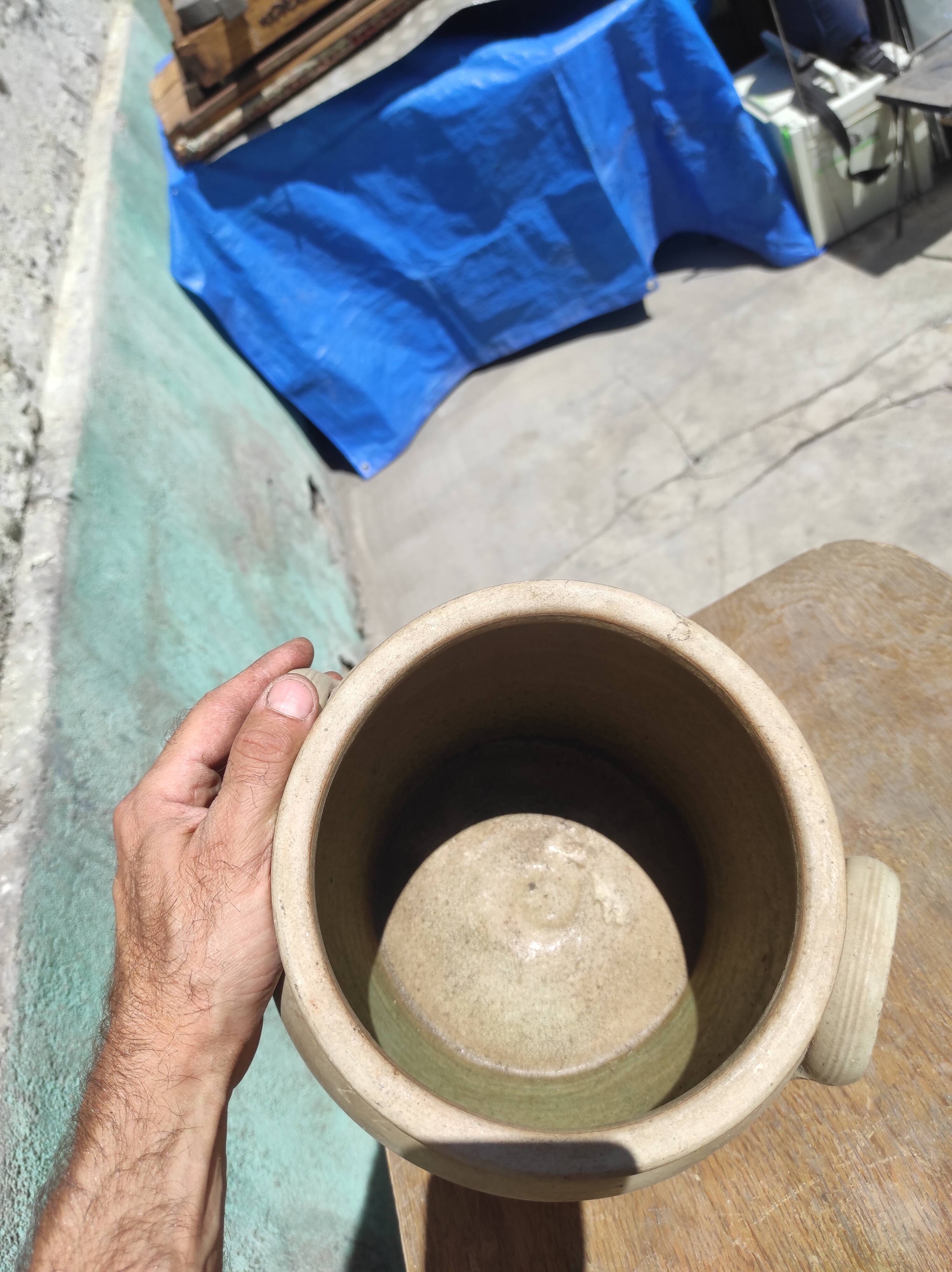 Old grease pot or confit in glazed rustic sandstone vase storage pencils brushes kitchen