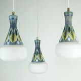exceptionally beautiful danish modern PENDANT LIGHT teak opaline glass ceramic 3-light hanging lamp