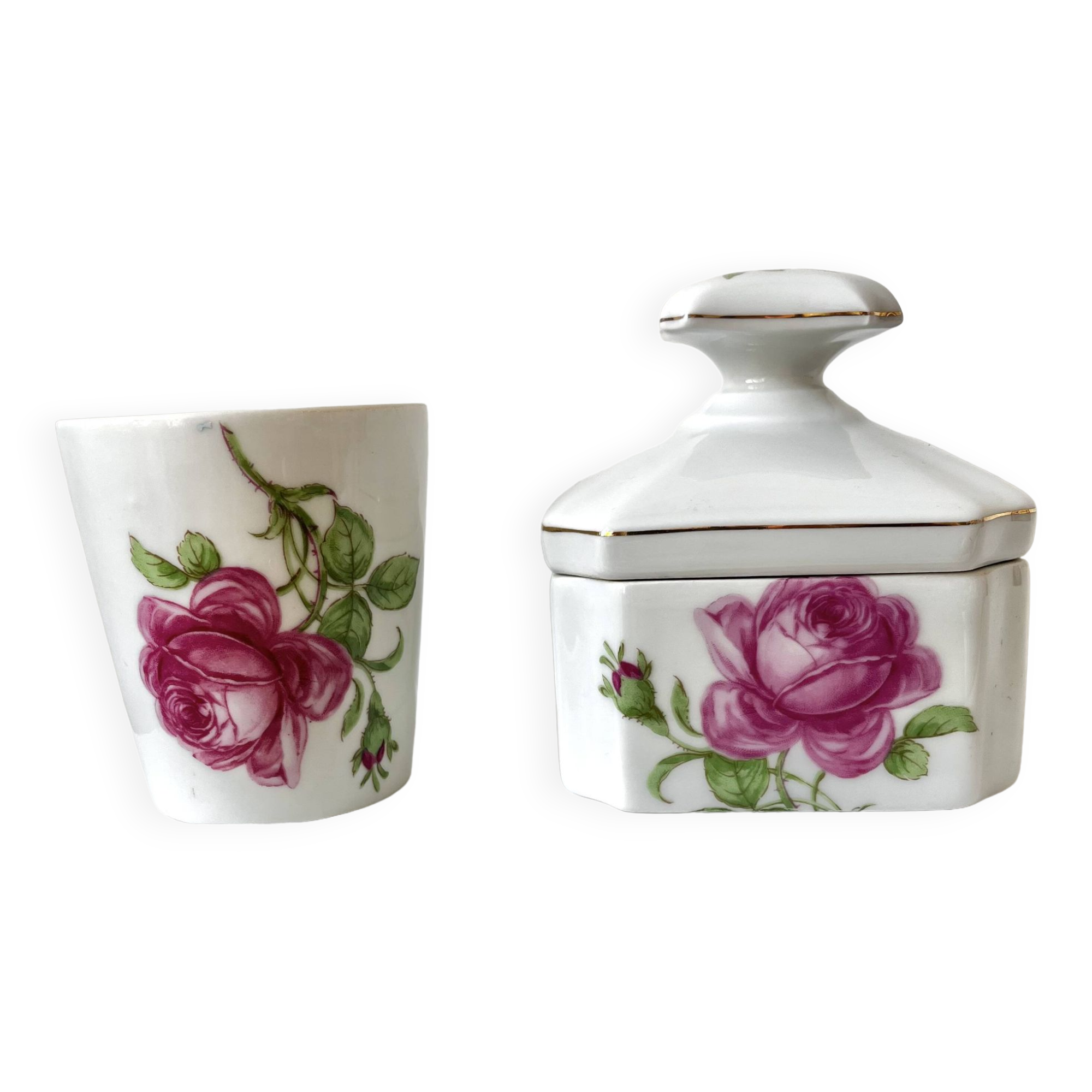Limoges porcelain toiletry bottles decorated with roses