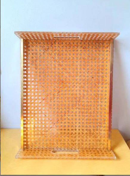Cane work plateau, lucite and brass 1980