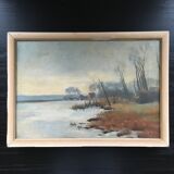Tableau ancien paysage lacustre