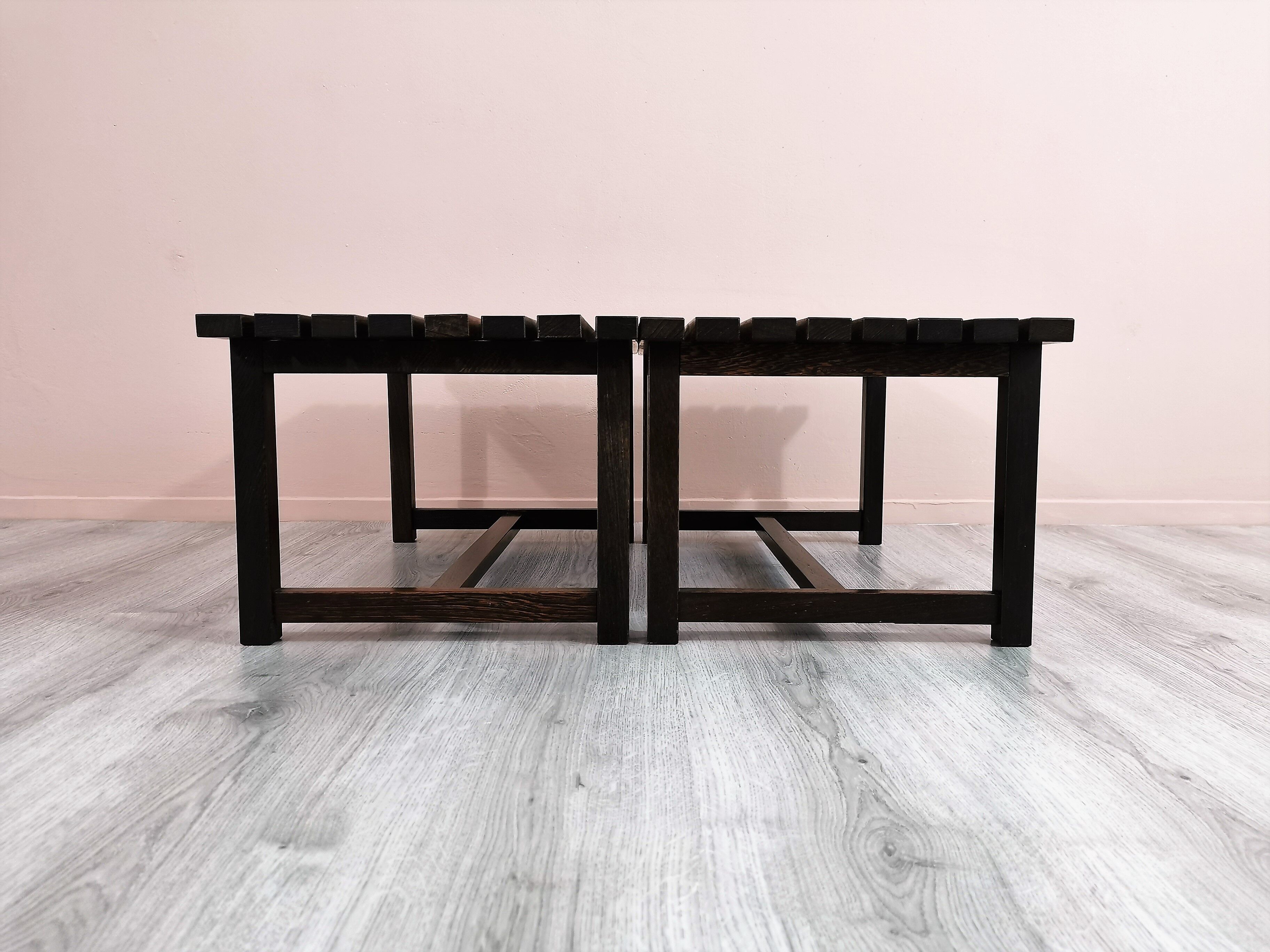 Set of 2 wenge wood slat benches 1970's
