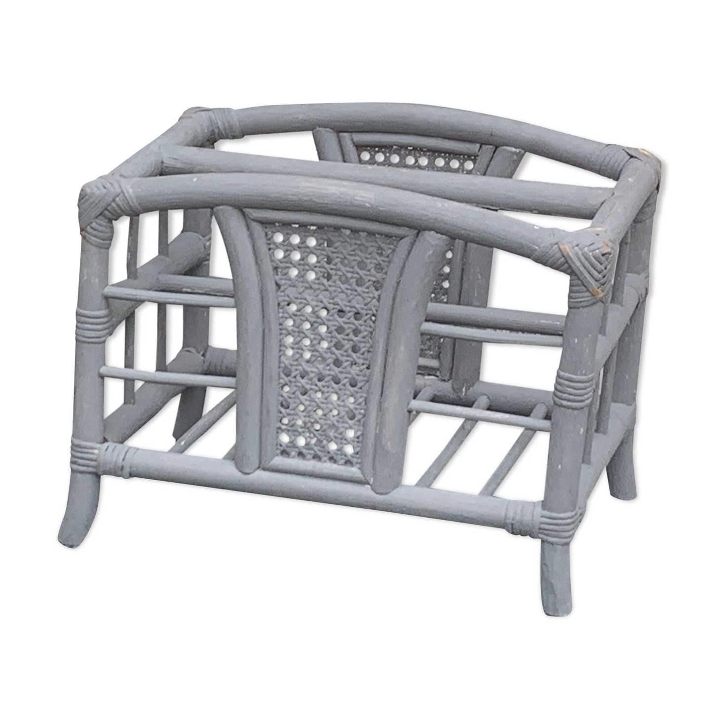 Bamboo and rattan magazine holder, vintage grey canning