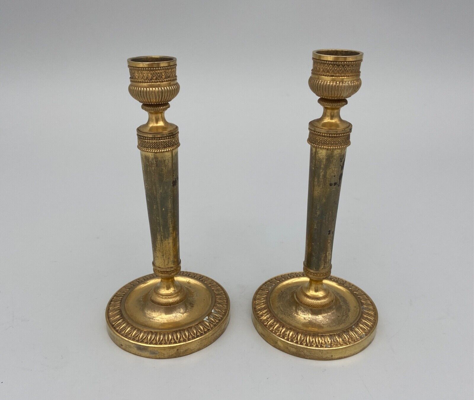 Pair of miniature candle holders in bronze dore restoration period nineteenth