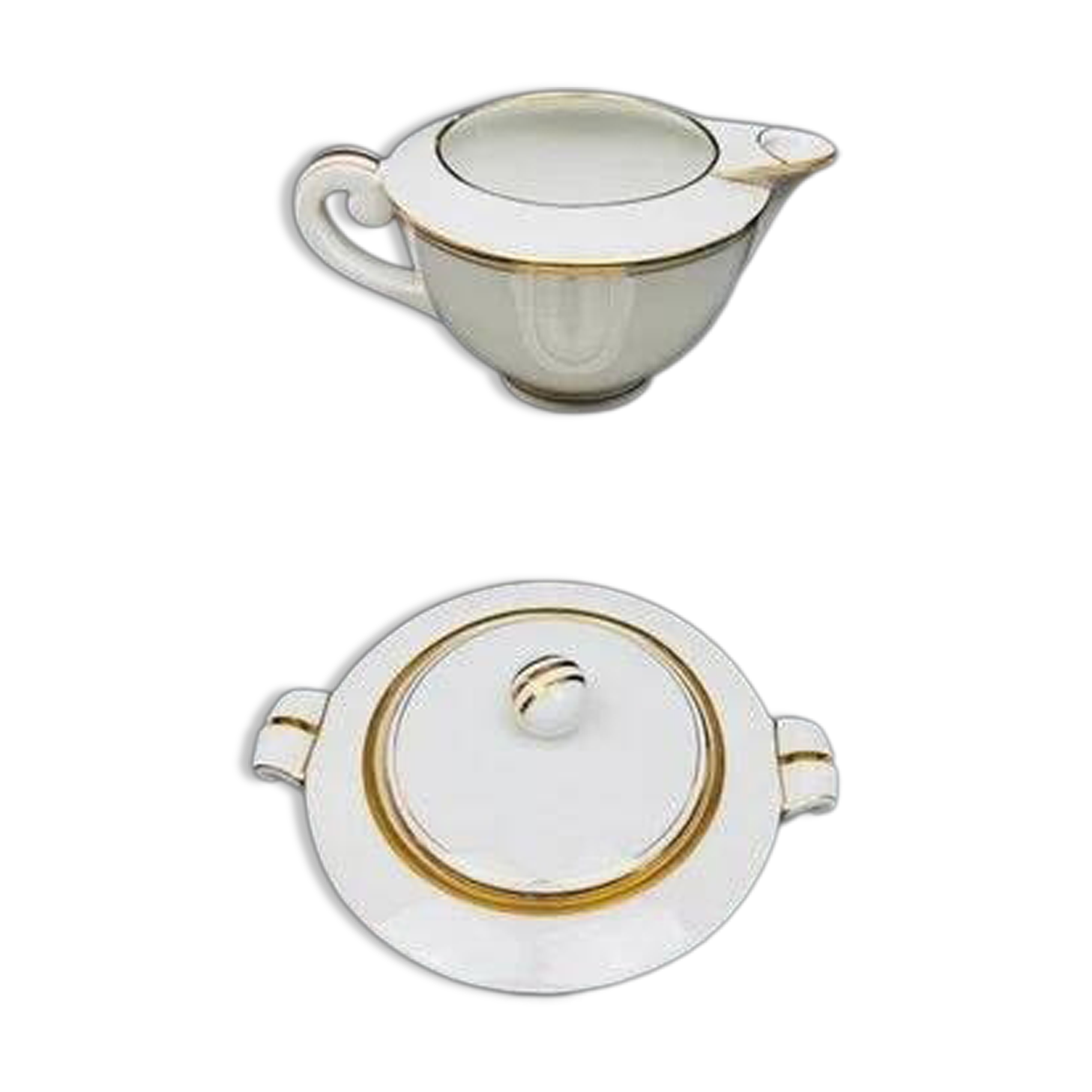 Limoges porcelain A. Vignaud sugar bowl and milk jug with gold trim