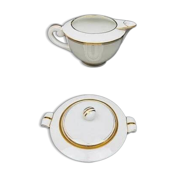 Porcelaine Limoges A. Vignaud sucrier et pot à lait filets or