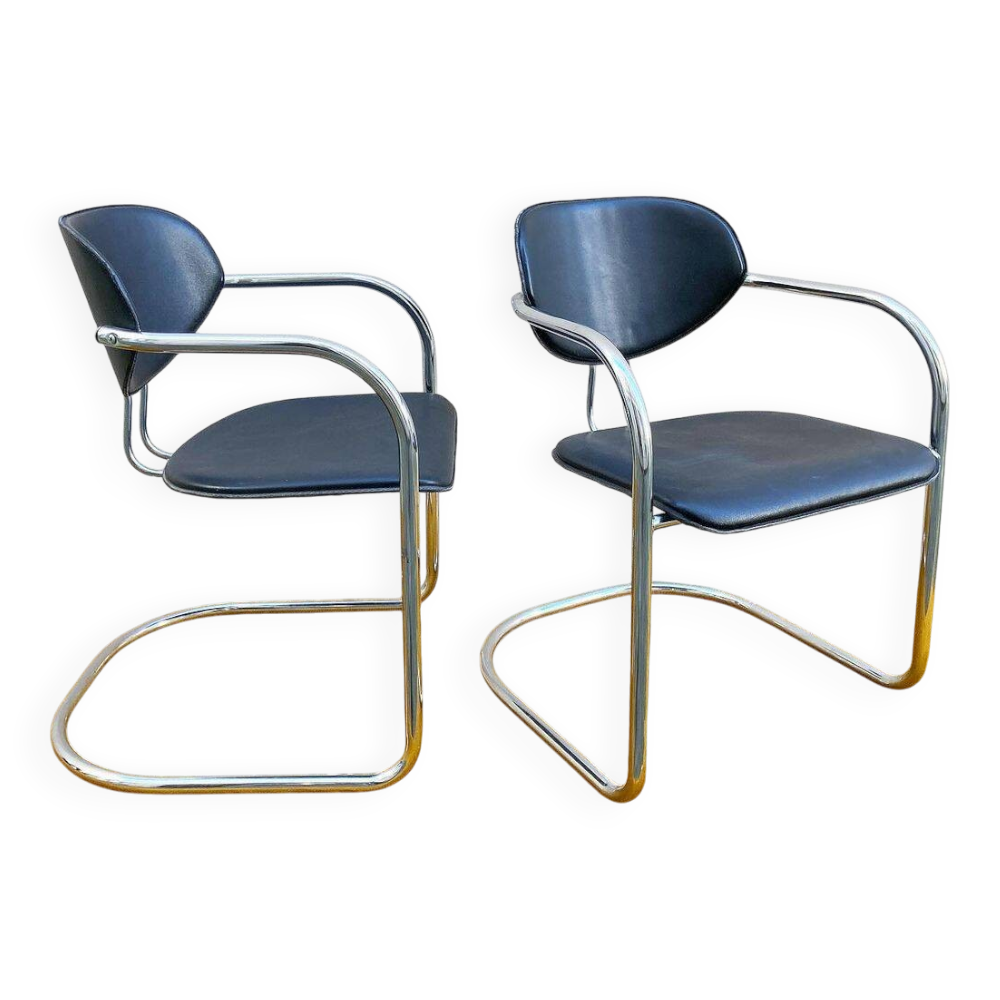 Pair of Effezeta chairs, tubular structure, chrome and black skai