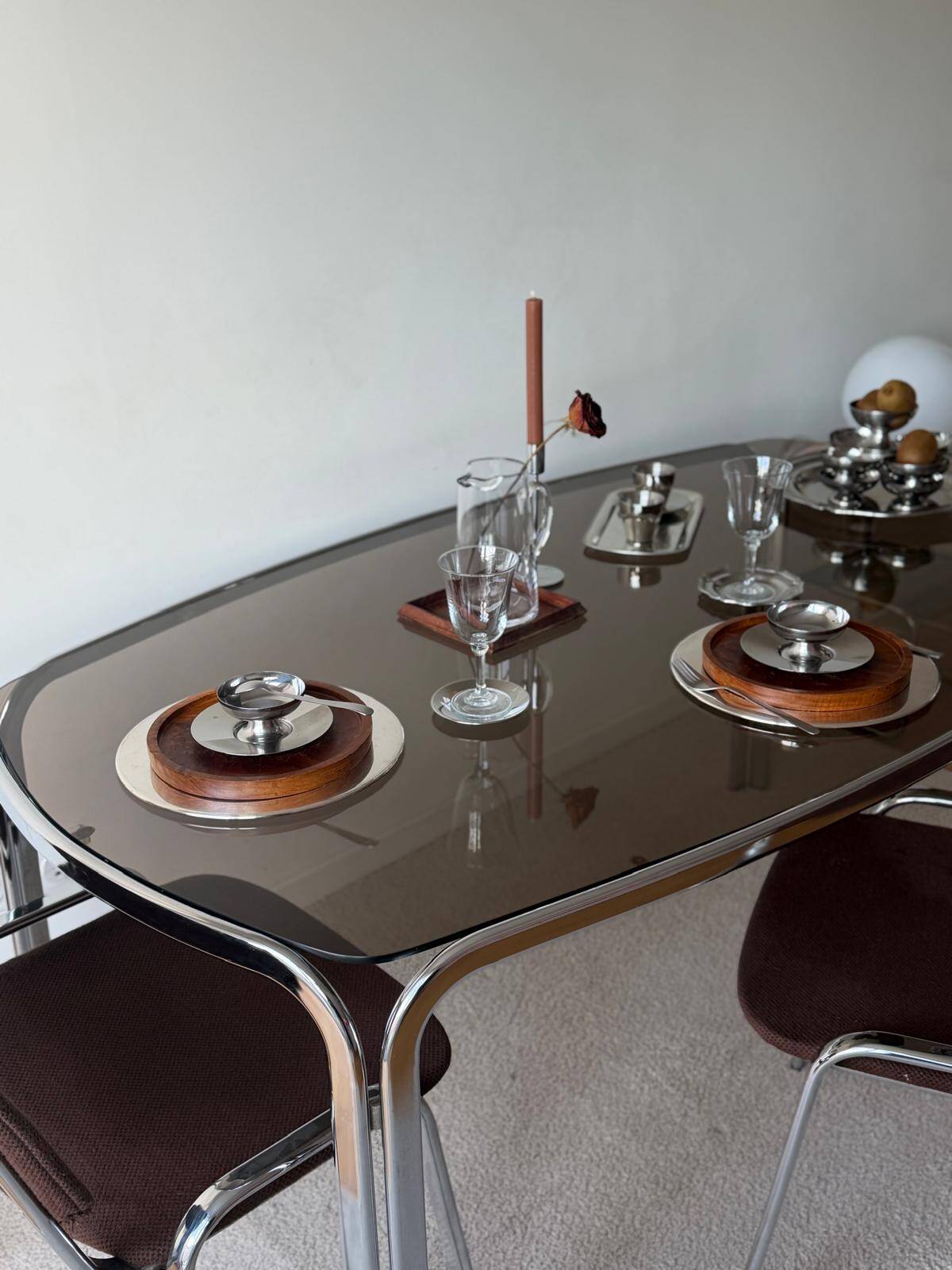 Space age dining table in smoked glass & chrome