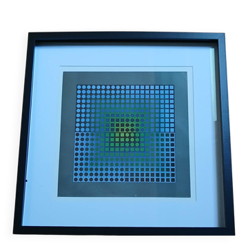 Vasarely Kinetic Painting - "Vega Blue" - 1973 - Framed 40x40