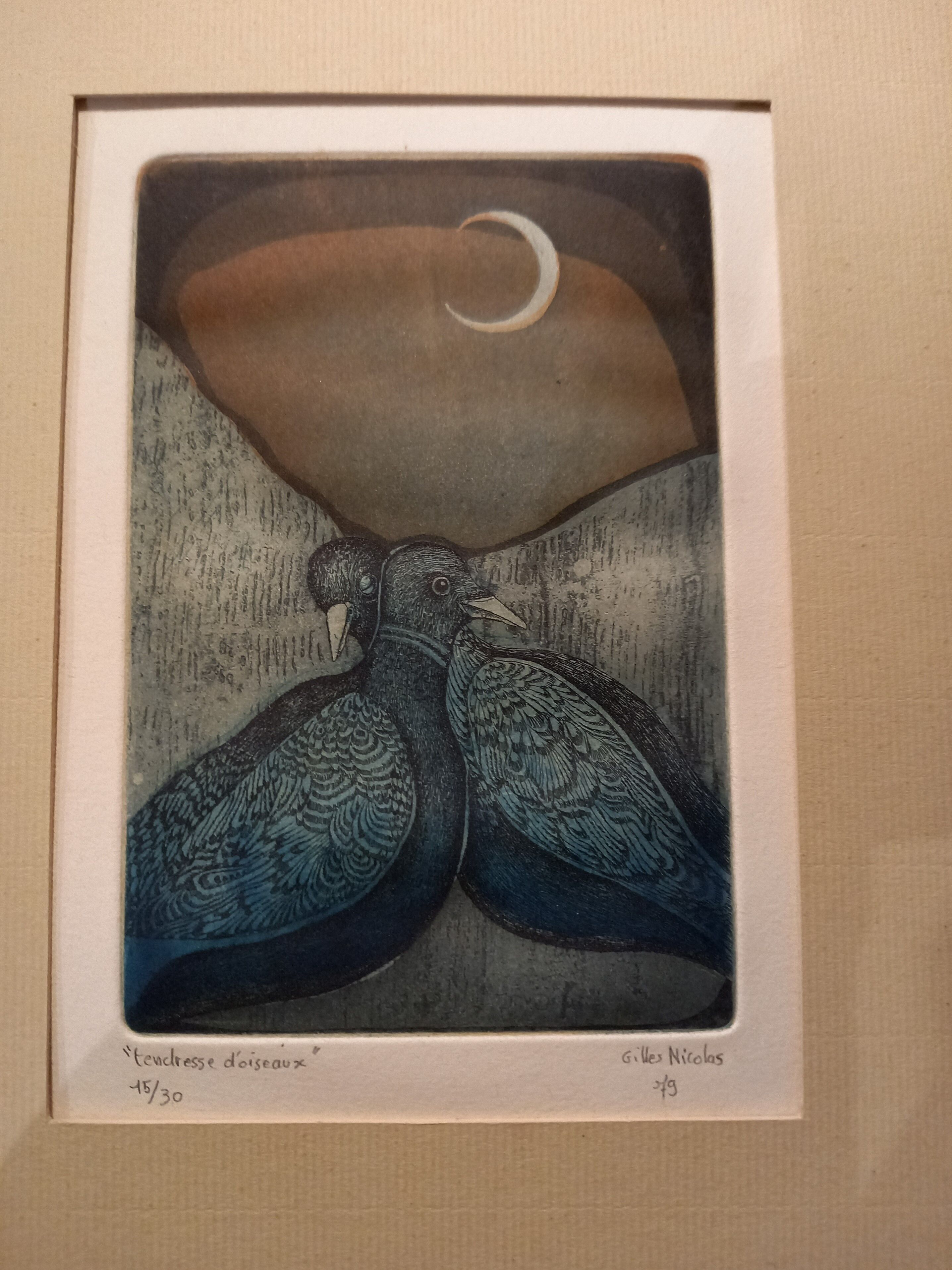"tenderness of birds", original lithograph by Gilles Nicolas, framed, gilded wood.