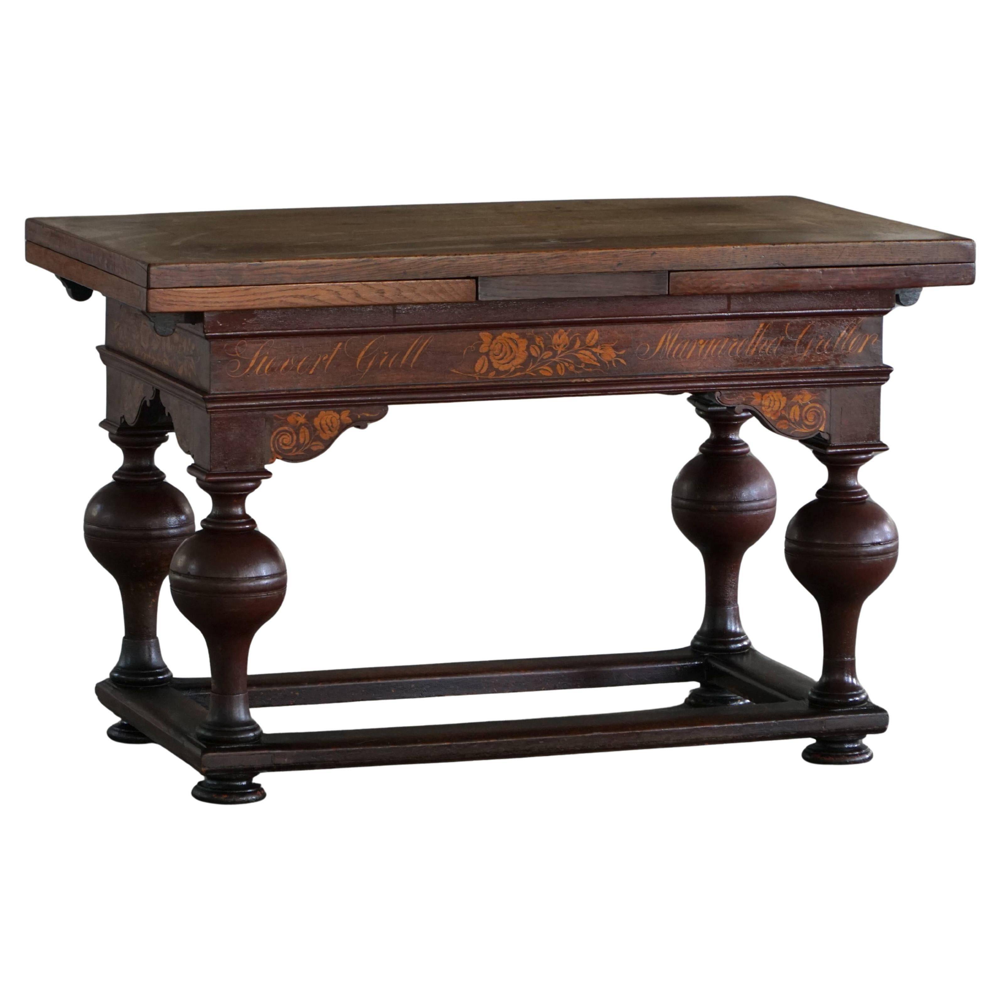 Extendable oak table with marquetry, Baroque, Danish cabinetmaker, 19th century.