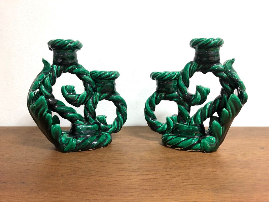 Pair of vintage candle holders in green ceramic color in vallauris style