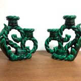 Pair of vintage candle holders in green ceramic color in vallauris style