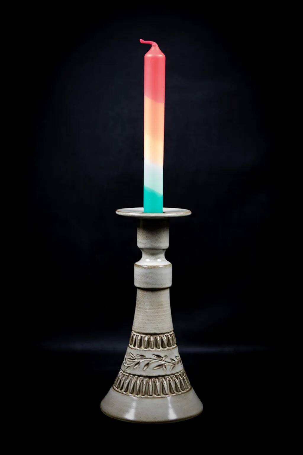 Ceramic candle holder with geometric decoration by Huguette Bessone - Vallauris