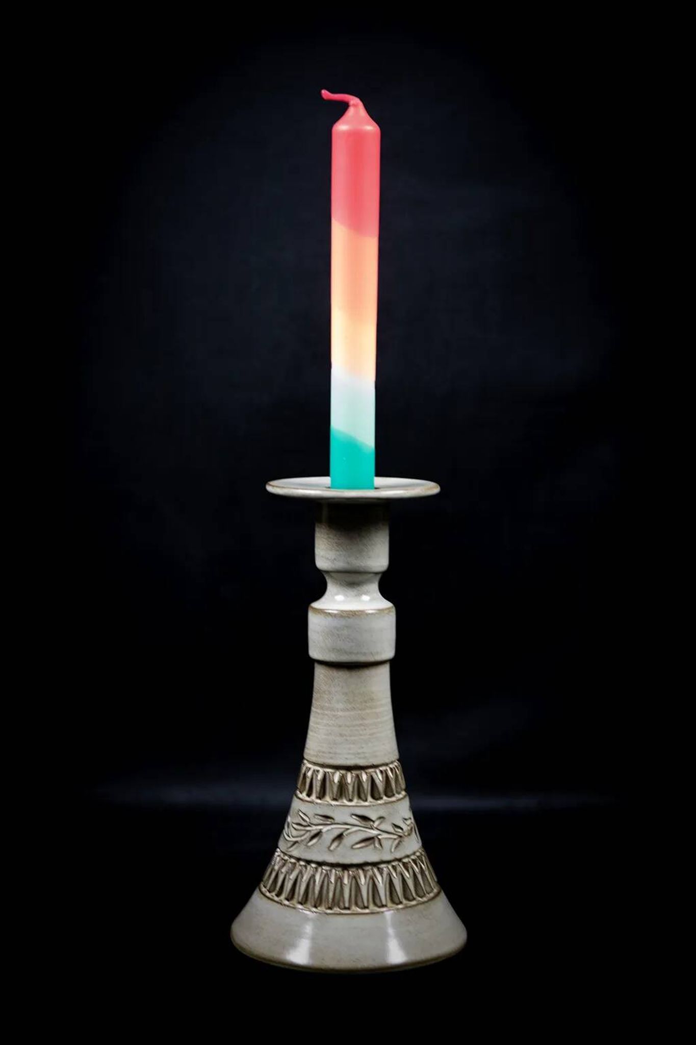 Ceramic candle holder with geometric decoration by Huguette Bessone - Vallauris