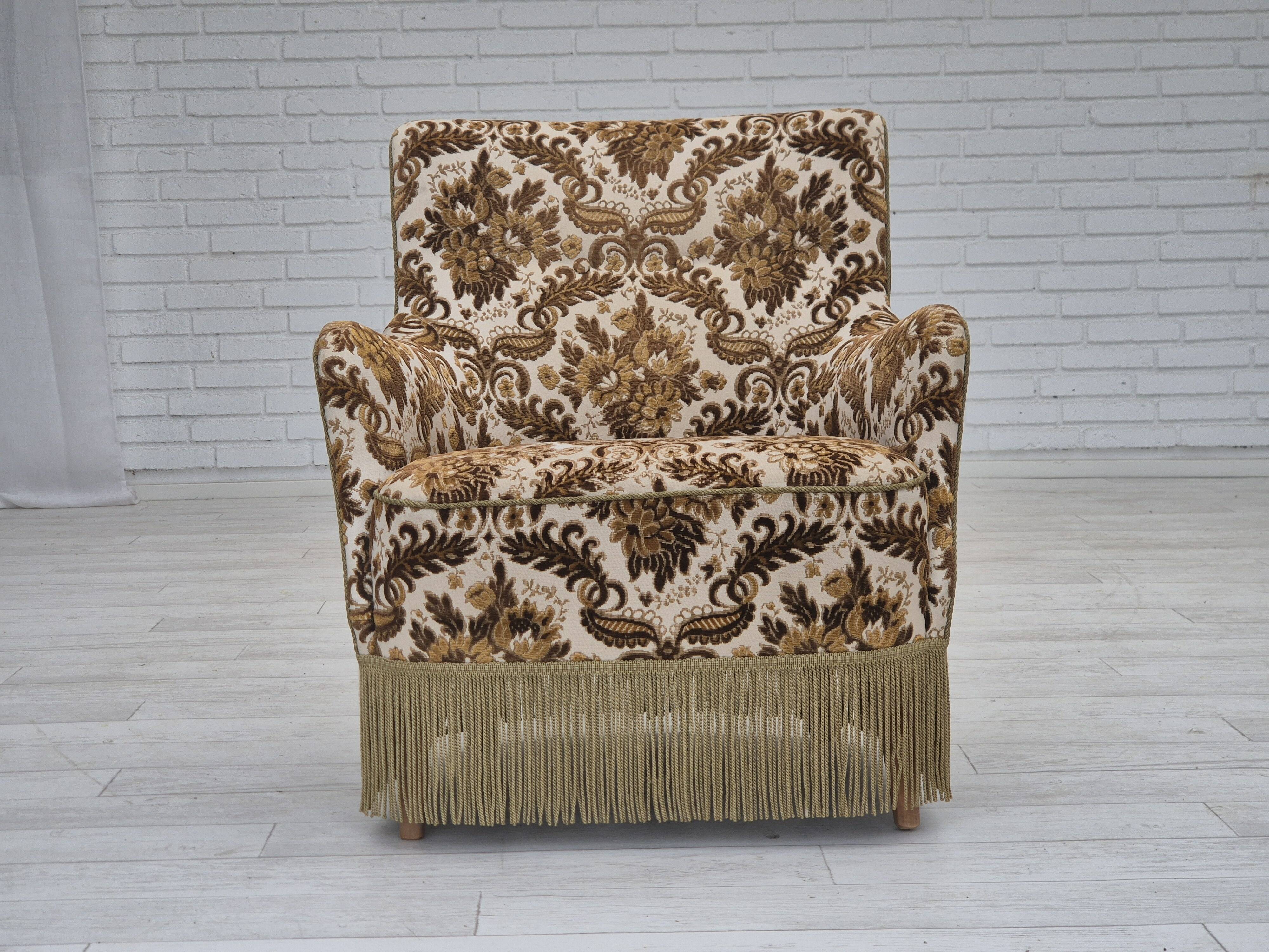 1960s, Danish armchair, furniture velour fabric, ash wood.