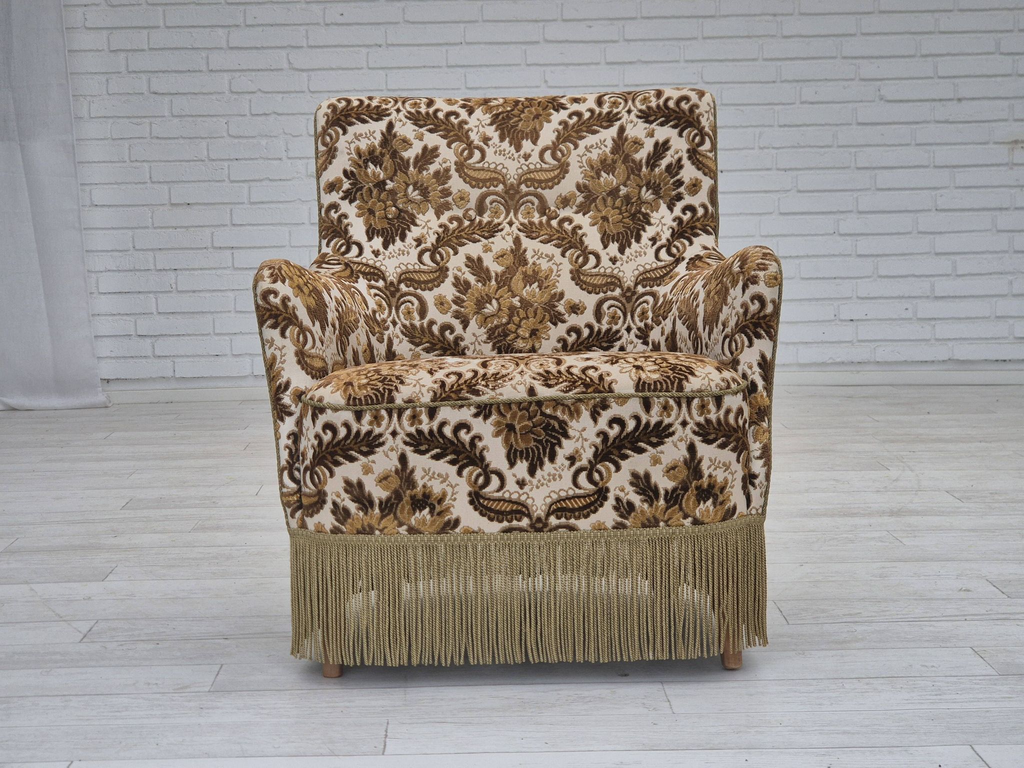 1960s, Danish armchair, furniture velour fabric, ash wood.