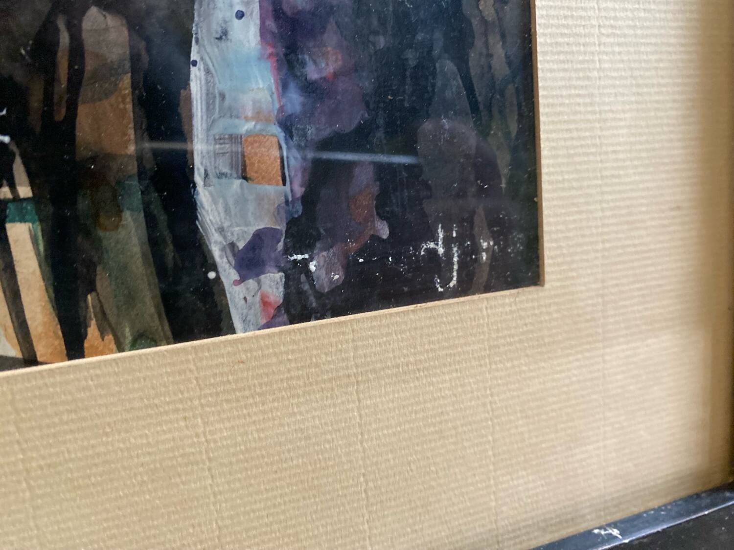 Old Abstract Oil On Paper Signed + Black Wood Frame #B548