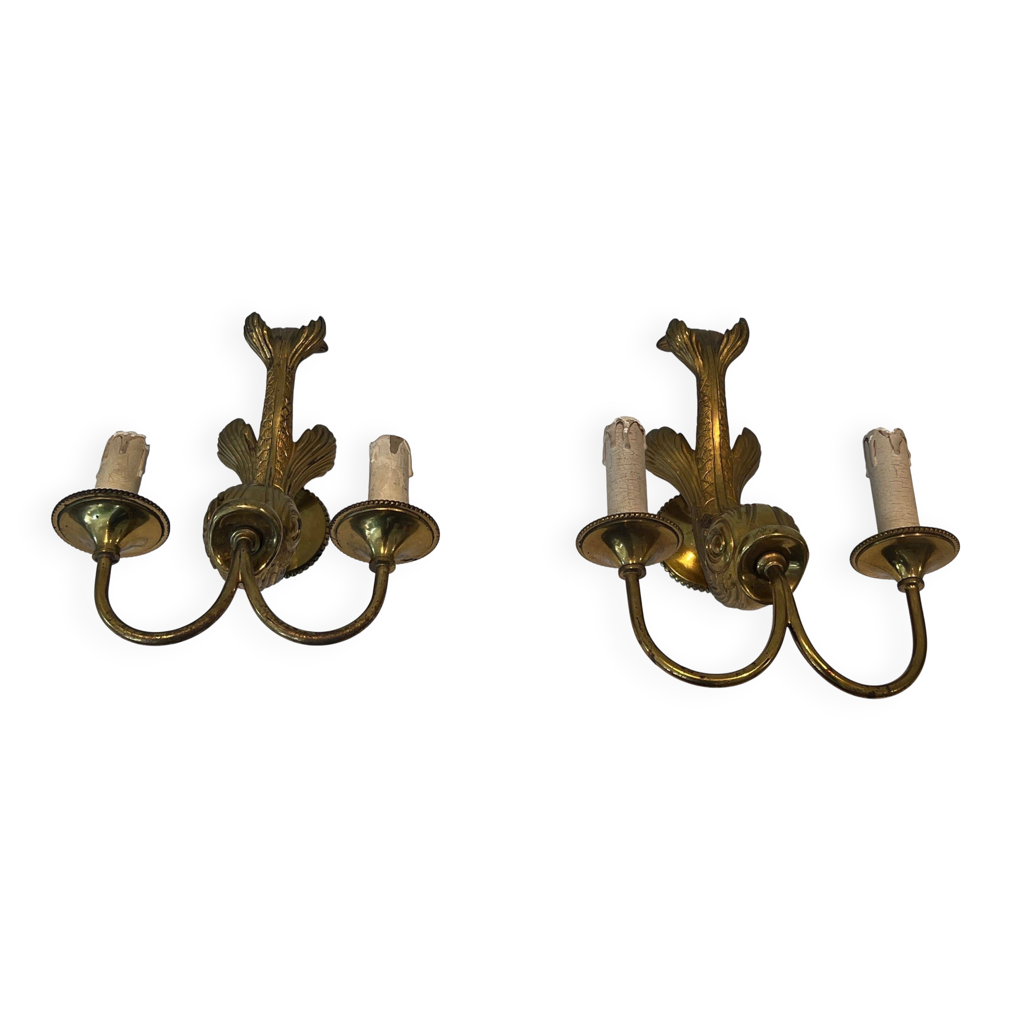 Pair of bronze wall sconces with dolphins by Maison Jansen