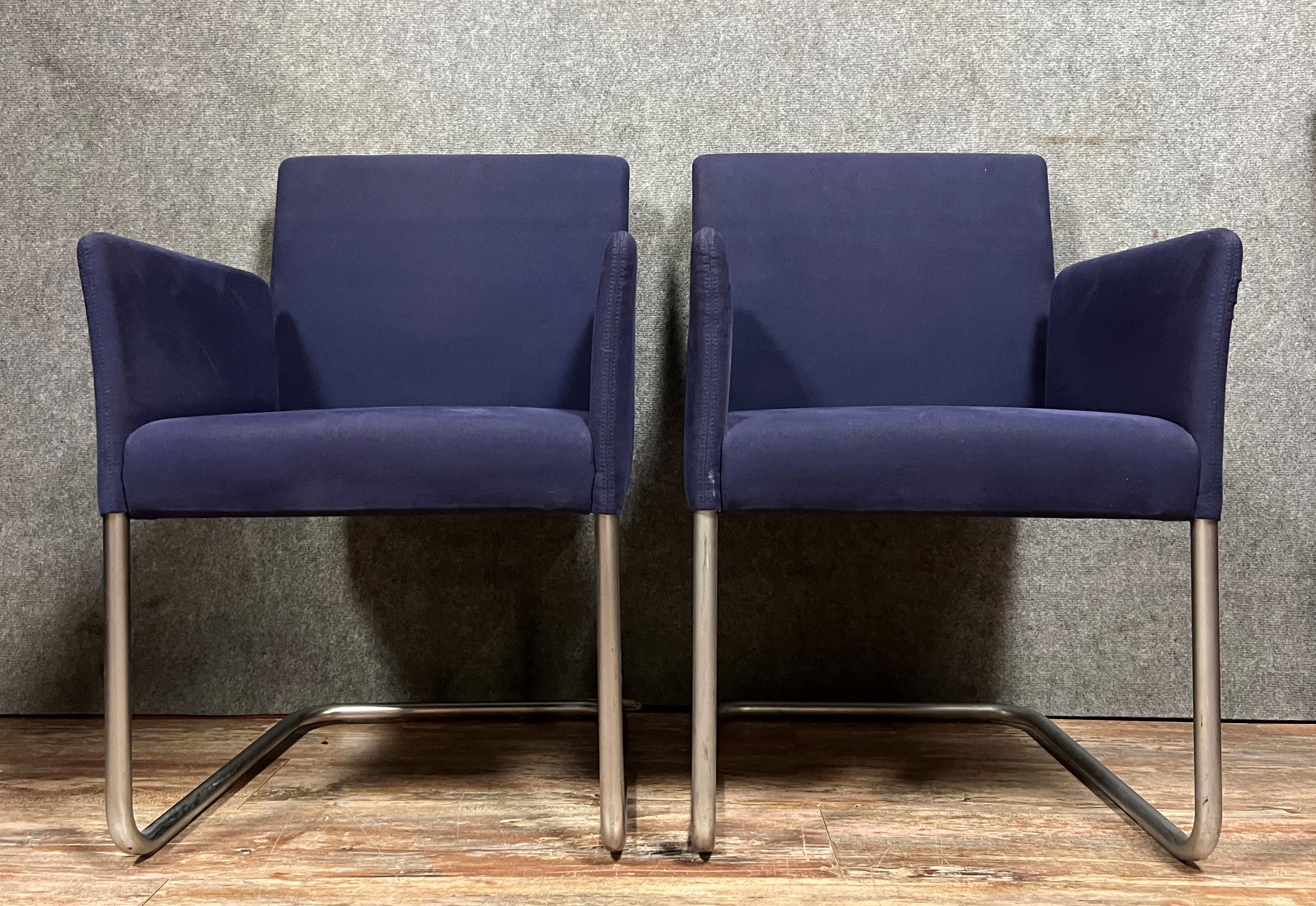 Pair of Walter Knoll armchairs in blue fabric and chromed metal