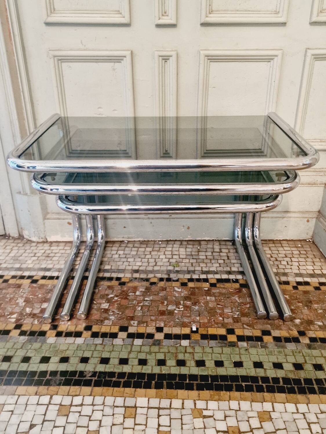 Vintage chrome smoked glass nesting coffee table