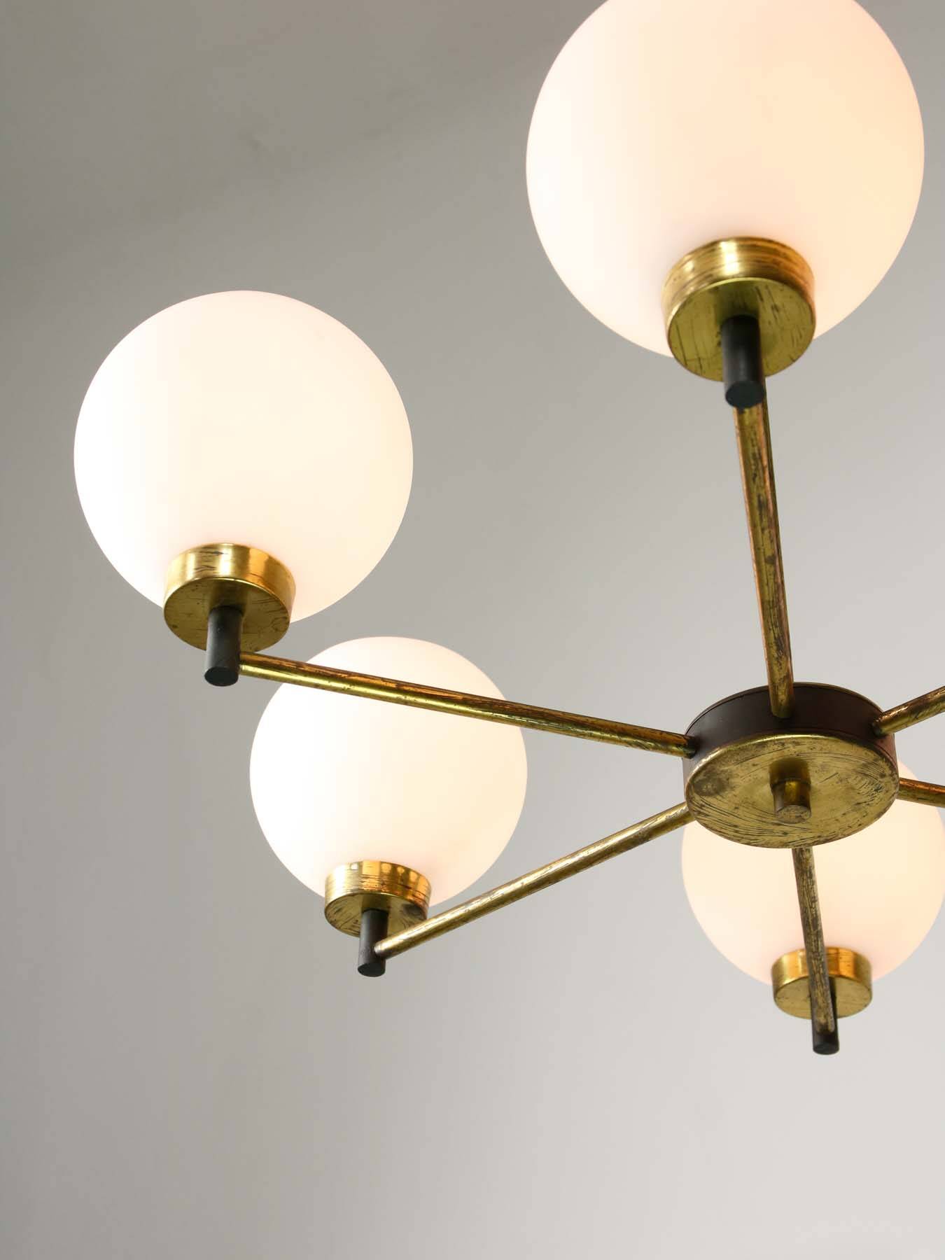 Mid-century Italian Brass and Opaline Chandelier