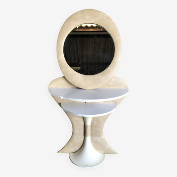 Ensemble coiffeuse et miroir vintage, pied tulipe et skai beige, 1970