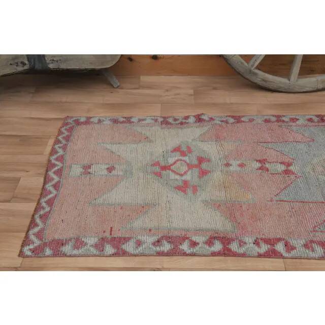 1970s Vintage Turkish Handmade Wool & Cotton Pink Runner Rug 100X349