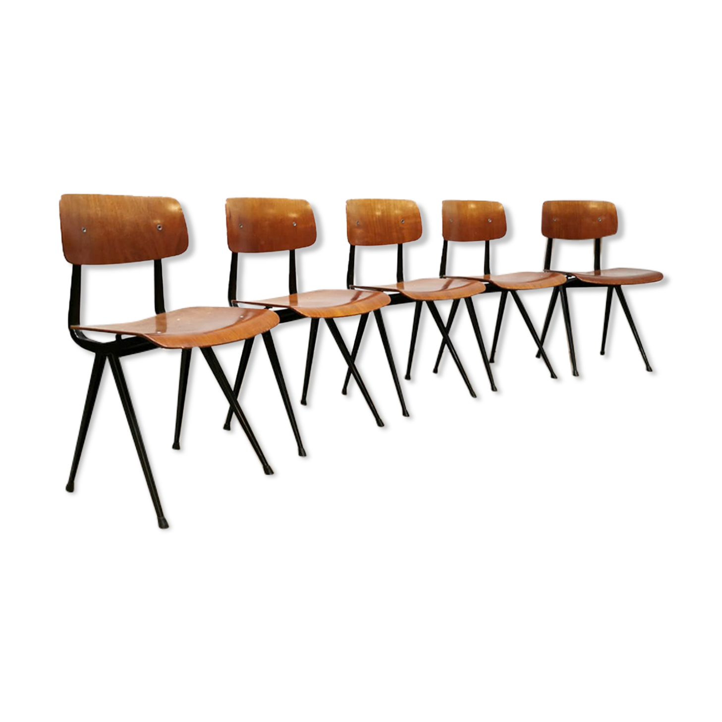Set of 5 industrial Dutch design school chairs by Friso Kramer