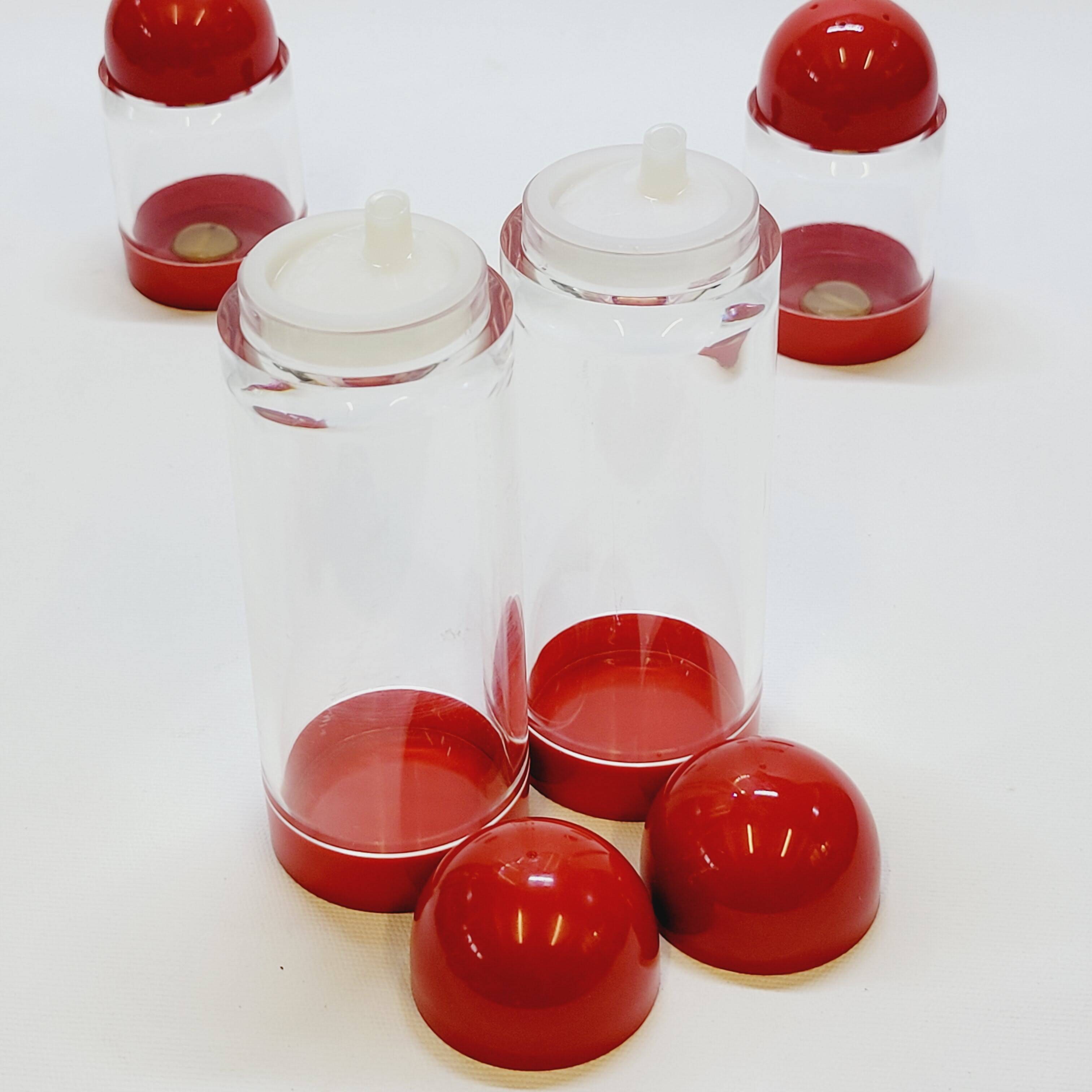 Condiment service oil vinegar salt pepper vintage plexi and red plastic