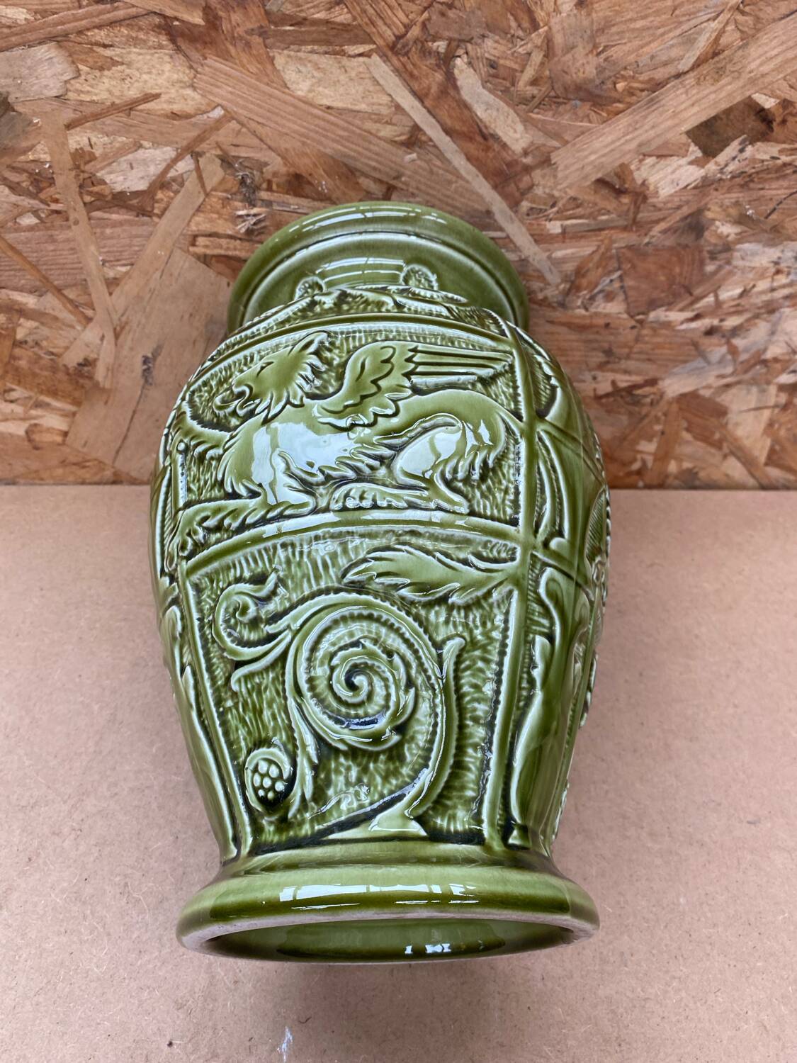 Antique ironstone vase green ceramic relief decor made in england vintage